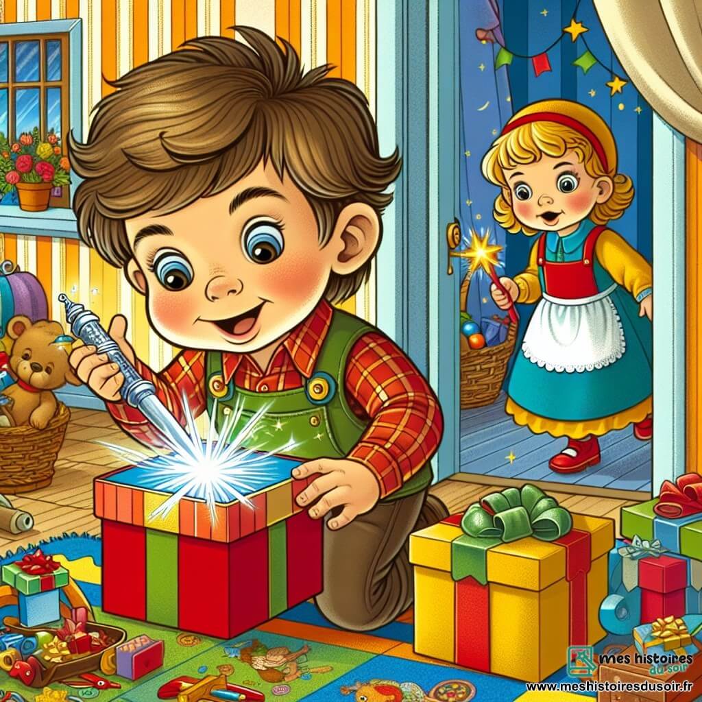 Une illustration destinée aux enfants représentant un petit garçon plein d'énergie préparant un cadeau scintillant pour la fête des mères, avec sa sœur curieuse observant depuis l'encadrement de la porte, dans une chambre colorée remplie de jouets et de trésors.