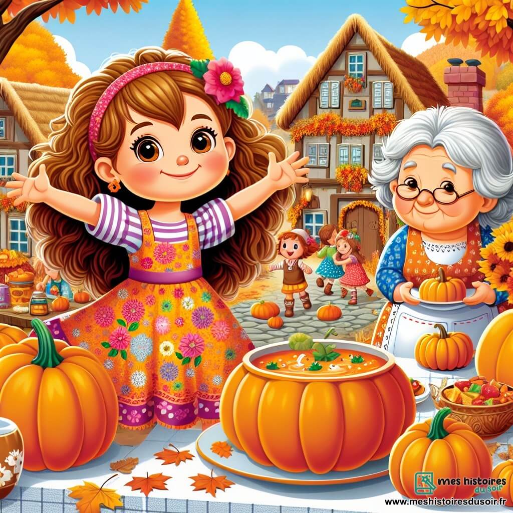 Une illustration sous forme de dessin destinée aux enfants représentant un charmant village d'automne avec des arbres aux feuilles dorées et des citrouilles décorant les rues, où une petite fille de 7 ans aux cheveux châtains bouclés et portant une robe à fleurs colorées, souriante et pleine d'énergie, se tient aux côtés de sa mamie aux cheveux grisonnants et au tablier fleuri, toutes deux en train de préparer une soupe de potiron devant une grande table remplie de plats appétissants, tandis que des enfants aux vêtements d'automne jouent joyeusement en arrière-plan, capturant l'esprit chaleureux et convivial du festival d'automne.