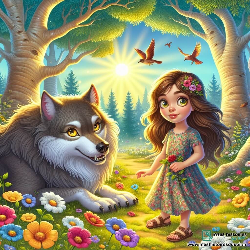 Illustration d'une clairière enchantée, éclairée par la lumière dorée du soleil levant. Des fleurs colorées dansent au vent, entourées par des arbres majestueux, créant une atmosphère magique. Au centre, une petite fille de 7 ans avec de longs cheveux châtains, en robe à fleurs et sandales, se tient avec détermination. Ses yeux brillants de curiosité se posent sur un grand loup gris qui s'agenouille devant elle avec surprise et timidité. Bien que le loup, immense et impressionnant, ait des yeux jaunes et des crocs visibles, son attitude est douce et protectrice, écoutant attentivement la petite fille. En arrière-plan, des oiseaux colorés volent dans le ciel bleu, tandis que des rayons de soleil illuminent la clairière. Cette illustration capture le début de l'amitié entre la petite fille et le loup, symbolisant courage et gentillesse.