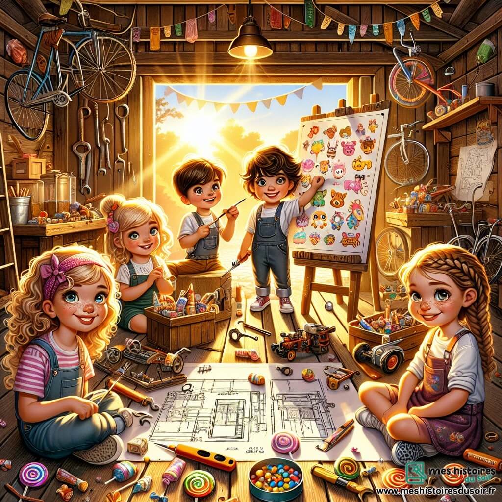 Illustration destinée aux enfants représentant un vieux garage en bois, rempli de pièces de vélo colorées, de vieux jouets et d'outils rouillés, baigné par la lumière dorée du soleil couchant. Au centre, un groupe de quatre enfants de 9 ans, deux filles et deux garçons : une fille aux cheveux bouclés et aux yeux pétillants, concentrée sur un plan de construction, un garçon aux cheveux ébouriffés, souriant et tenant une clé à molette, une autre fille aux cheveux tressés, peignant des bonbons en forme d'animaux sur une grande toile, et un garçon timide, observant avec curiosité, un carnet de croquis à la main. Ils sont entourés de bonbons colorés et de guirlandes faites à la main, symbolisant leur projet collaboratif pour créer une machine à bonbons, illustrant l'esprit d'amitié et d'égalité des genres.