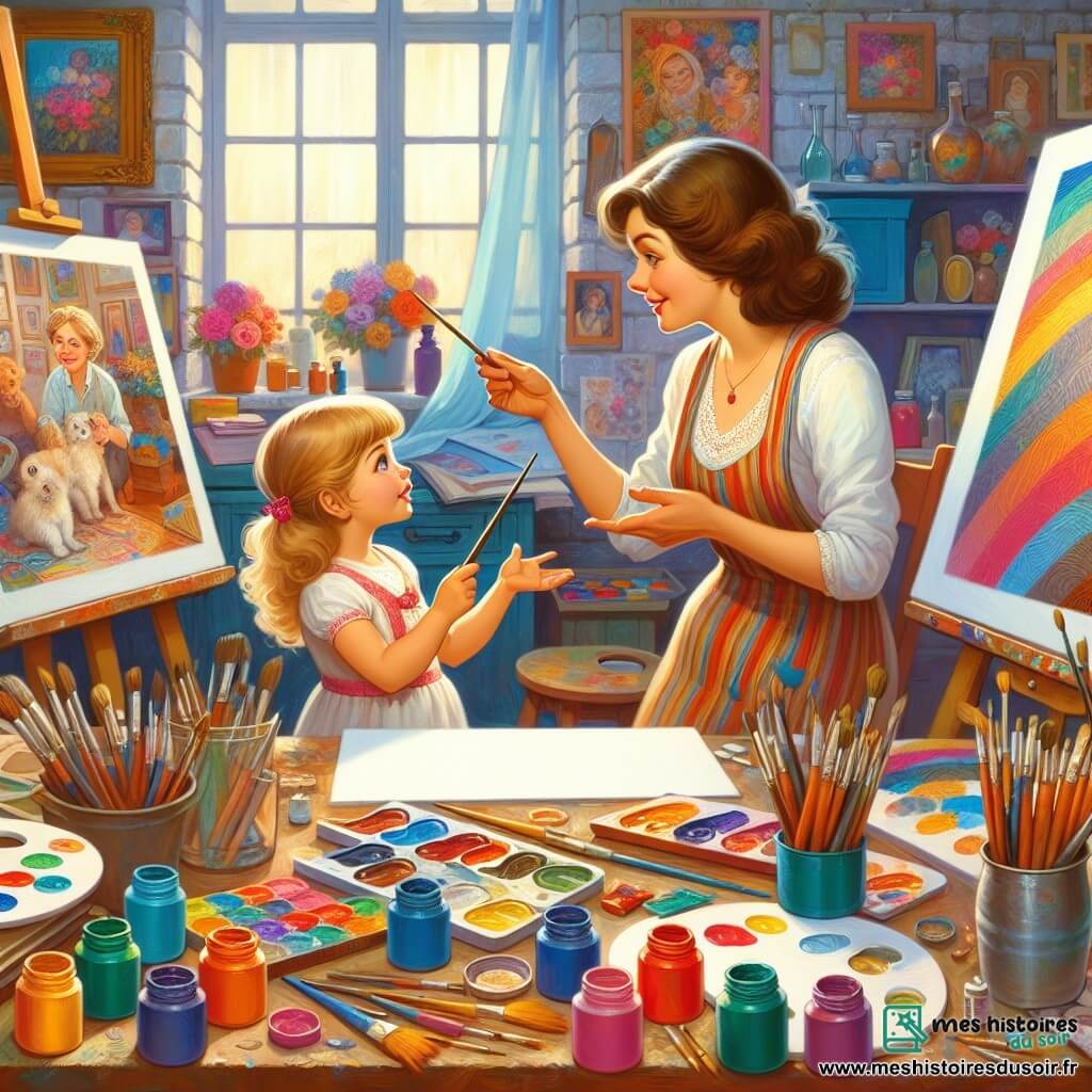 Une illustration destinée aux enfants représentant une artiste femme, pleine de couleurs et de vie, partageant ses connaissances avec une petite fille curieuse, dans un atelier rempli de toiles colorées, de pinceaux et de pots de peinture éclatants.