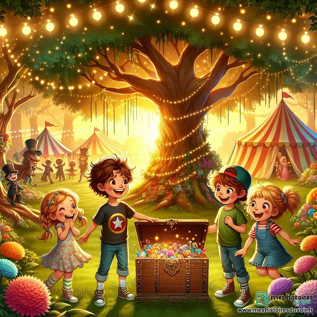 Illustration d'un jardin enchanté sous la lumière dorée du soleil couchant, entouré d'arbres majestueux et d'un espace rempli de tentes colorées, de guirlandes lumineuses et de fleurs éclatantes. Au centre, quatre enfants souriants sont réunis autour d'un grand chêne. Le premier, un garçon de 10 ans aux cheveux bruns en bataille, admire un coffre en bois rempli de friandises. À ses côtés, une fille de 9 ans avec des cheveux blonds tressés rit en tenant des bonbons. Un autre garçon de 10 ans, avec une casquette à l'envers, montre le coffre, tandis qu'une fille châtaine de 9 ans s'approche avec curiosité. En arrière-plan, des clowns et des acrobates ajoutent de la magie, tandis que des ballons colorés flottent et que des étoiles scintillent dans le ciel, créant une atmosphère festive.