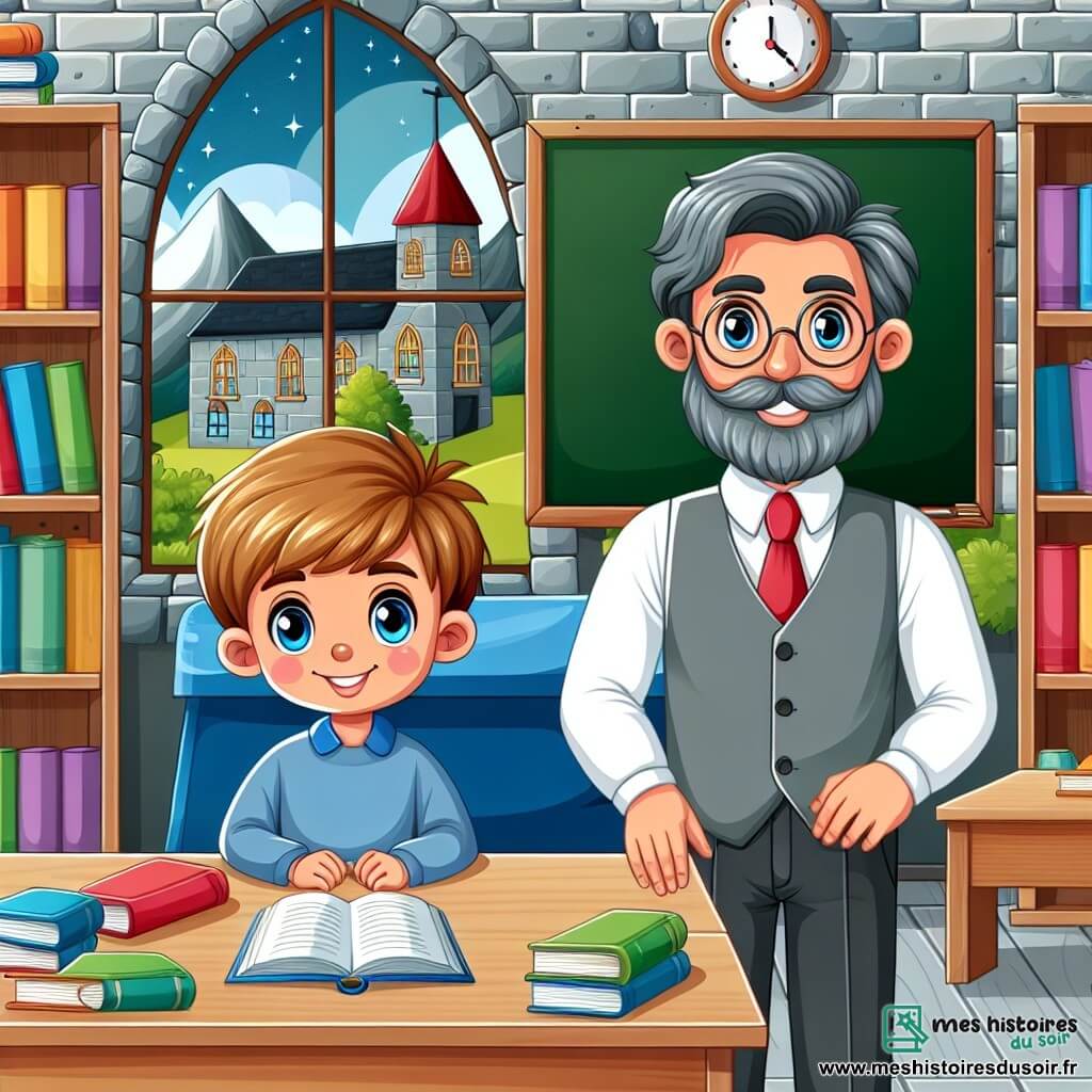 Une illustration destinée aux enfants représentant un instituteur bienveillant, un garçon espiègle en classe, entourés de livres colorés et d'un grand bureau en bois, dans une école en pierre grise au creux des montagnes.