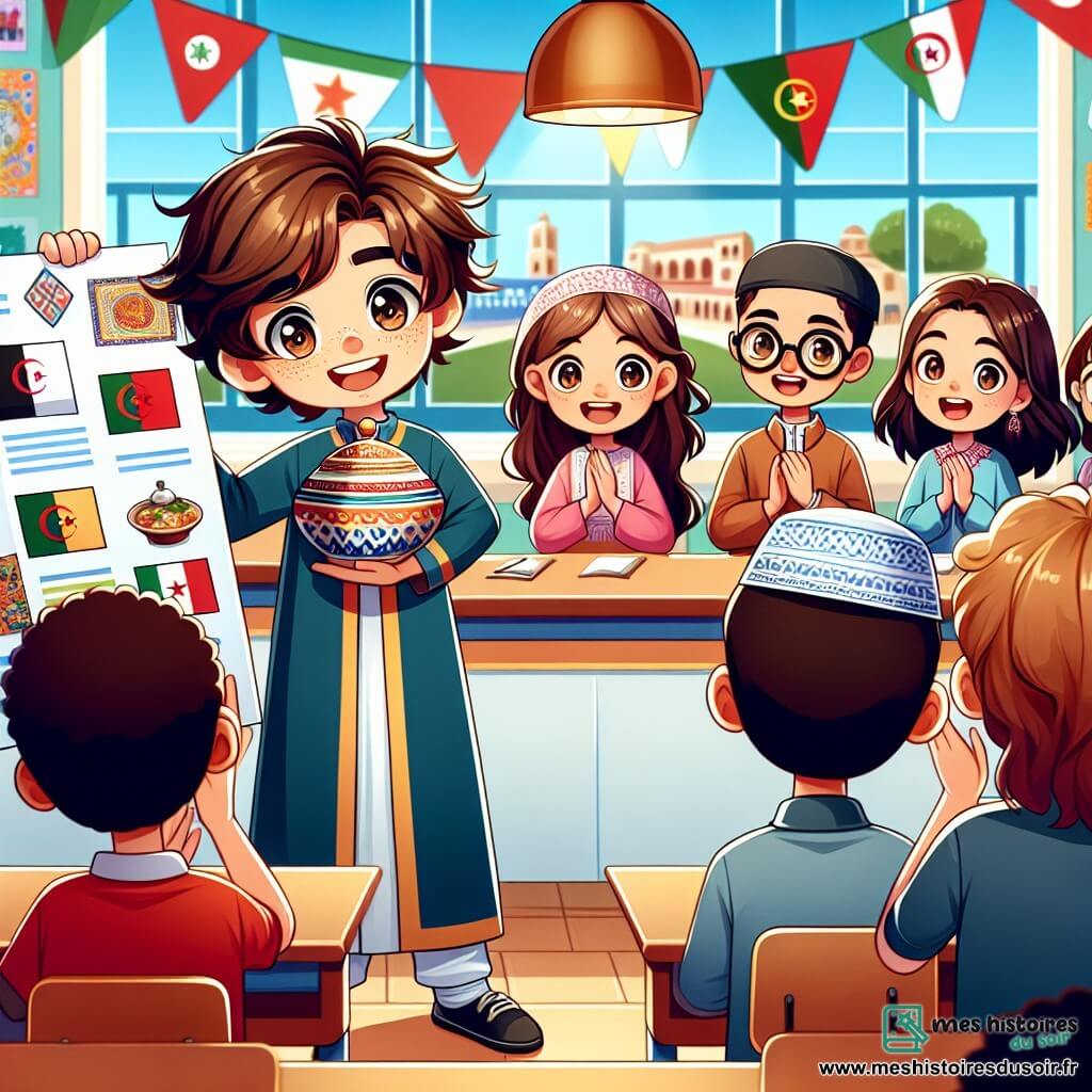 Une illustration sous forme de dessin destinée aux enfants représentant une salle de classe colorée, où un garçon de 12 ans aux cheveux bruns ébouriffés et aux yeux pétillants se tient debout, vêtu d'un costume traditionnel algérien, en train de présenter un poster sur la diversité culturelle, tandis qu'à ses côtés, une fille d'origine portugaise aux lunettes rondes sourit et tient un plat typique, et un garçon d'origine marocaine, avec une casquette, applaudit avec enthousiasme, le tout entouré d'affiches colorées et de camarades de classe captivés par leur projet.