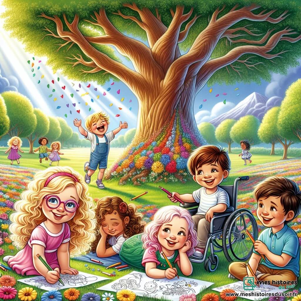 Illustration destinée aux enfants représentant un parc ensoleillé, avec un grand chêne majestueux aux branches étendues, entouré de fleurs colorées et d'une couverture à fleurs étalée sur l'herbe verte. Au premier plan, un groupe de quatre enfants de cinq ans, deux filles aux cheveux bouclés et blonds, l'une souriante et l'autre portant des lunettes roses, ainsi qu'une petite fille en fauteuil roulant aux cheveux bruns, tous assis ensemble, tenant des crayons et des feuilles, en train de dessiner des souvenirs pour leur amie absente. En arrière-plan, un garçon aux cheveux châtains, riant et lançant des confettis colorés dans l'air, tandis que le vent fait danser les feuilles des arbres. L'atmosphère est joyeuse mais empreinte de douceur, symbolisant l'amitié et le souvenir.