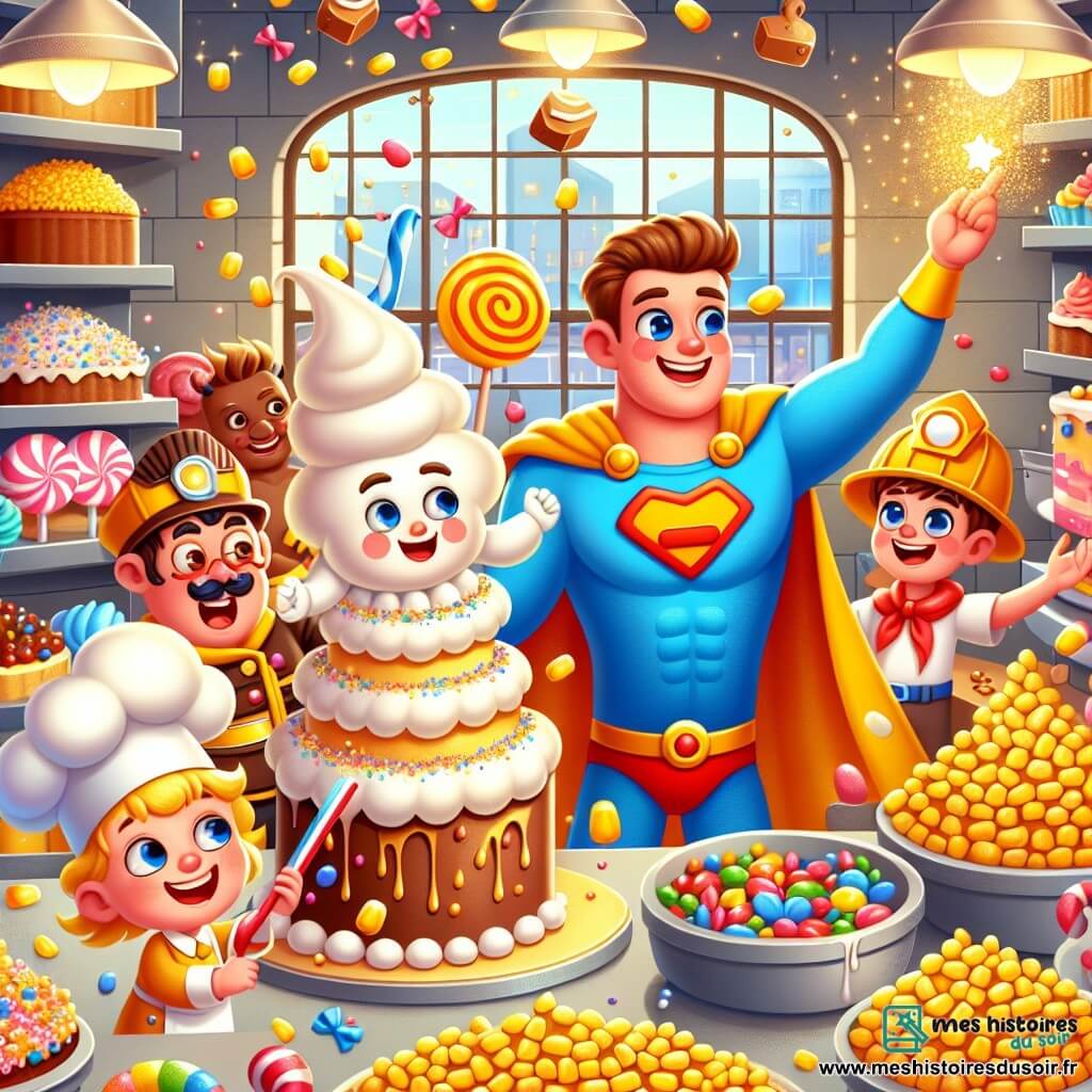 Une illustration sous forme de dessin destinée aux enfants représentant une pâtisserie colorée avec des gâteaux aux formes amusantes et des bonbons scintillants, où un super-héros homme au costume fait de crèmes chantilly et de paillettes, avec un grand sourire et des bras levés, fait pleuvoir des bonbons sur un méchant bonhomme en crème avec une moustache en chocolat, tandis qu'un garçon au costume de pompier éclatant éclate des grains de maïs géants pour aider, et une fille en robe en crème caramel utilise sa baguette magique pour faire danser des gâteaux, créant une scène joyeuse et pleine de rires.