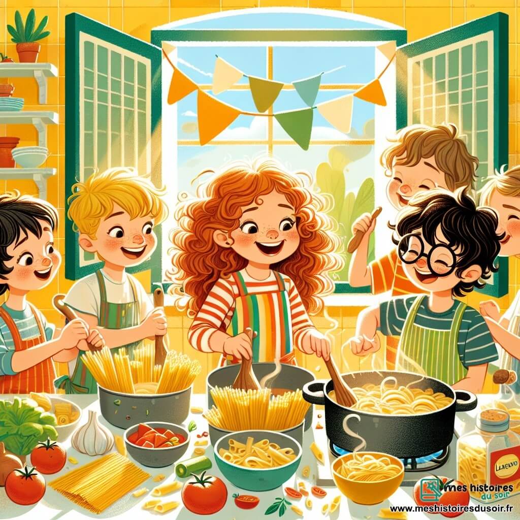 Une illustration sous forme de dessin destinée aux enfants représentant une cuisine ensoleillée avec des murs jaunes et des fenêtres ouvertes laissant entrer la lumière, où un groupe d’enfants de 9 ans, dont une fille aux cheveux châtains bouclés portant un tablier coloré, s'affaire joyeusement à préparer des lasagnes, tandis qu'un garçon aux lunettes rondes et aux cheveux bruns les aide en remuant une casserole, le tout entouré d'ingrédients éparpillés comme des pâtes, des tomates et des herbes, créant une ambiance festive et pleine de rires pour célébrer la fête des pères.