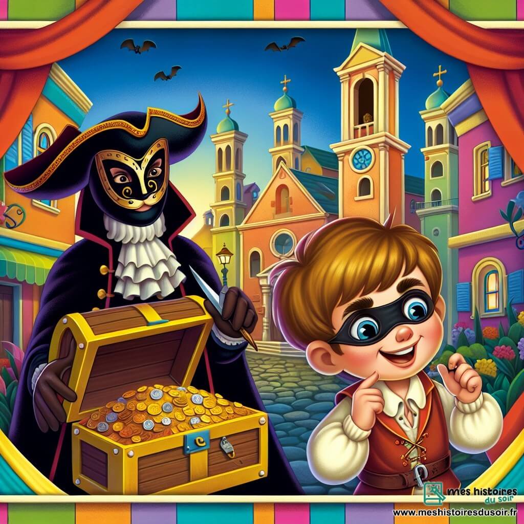Une illustration destinée aux enfants représentant un petit garçon espiègle déguisé en pirate, découvrant un trésor caché par un mystérieux personnage masqué dans une petite place cachée derrière l'église de la ville colorée de Joyville, lors du grand carnaval annuel.
