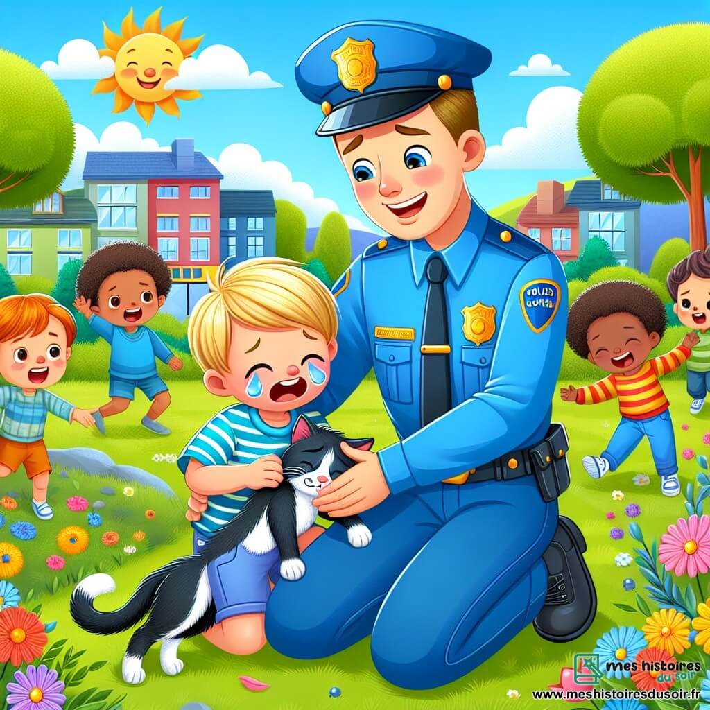 Une illustration sous forme de dessin destinée aux enfants représentant un parc ensoleillé avec des arbres verdoyants et des fleurs colorées, où un policier bienveillant, un homme à l'uniforme bleu éclatant et au sourire chaleureux, s'accroupit pour réconforter un petit garçon aux cheveux blonds et aux yeux pleins de larmes, tenant dans ses bras un chat noir et blanc, tandis qu'un groupe d'enfants joyeux joue en arrière-plan, illustrant la scène où le policier aide le garçon à retrouver son chat perdu.