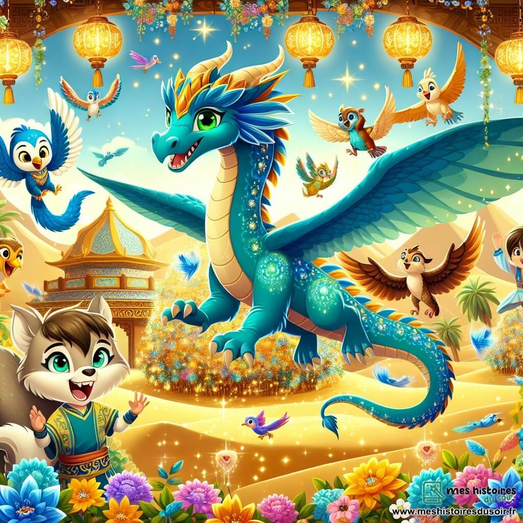 Une illustration sous forme de dessin destinée aux enfants représentant une oasis magique au cœur d'un désert doré, où un dragon majestueux aux écailles bleu éclatant et aux yeux verts émeraude, flottant joyeusement dans les airs, est entouré de créatures fantastiques comme un petit écureuil espiègle au pelage brun et des oiseaux colorés chantant, alors qu'ils célèbrent ensemble l'harmonie et l'amitié lors d'un festival joyeux, avec des guirlandes de fleurs et des lanternes scintillantes illuminant la scène.
