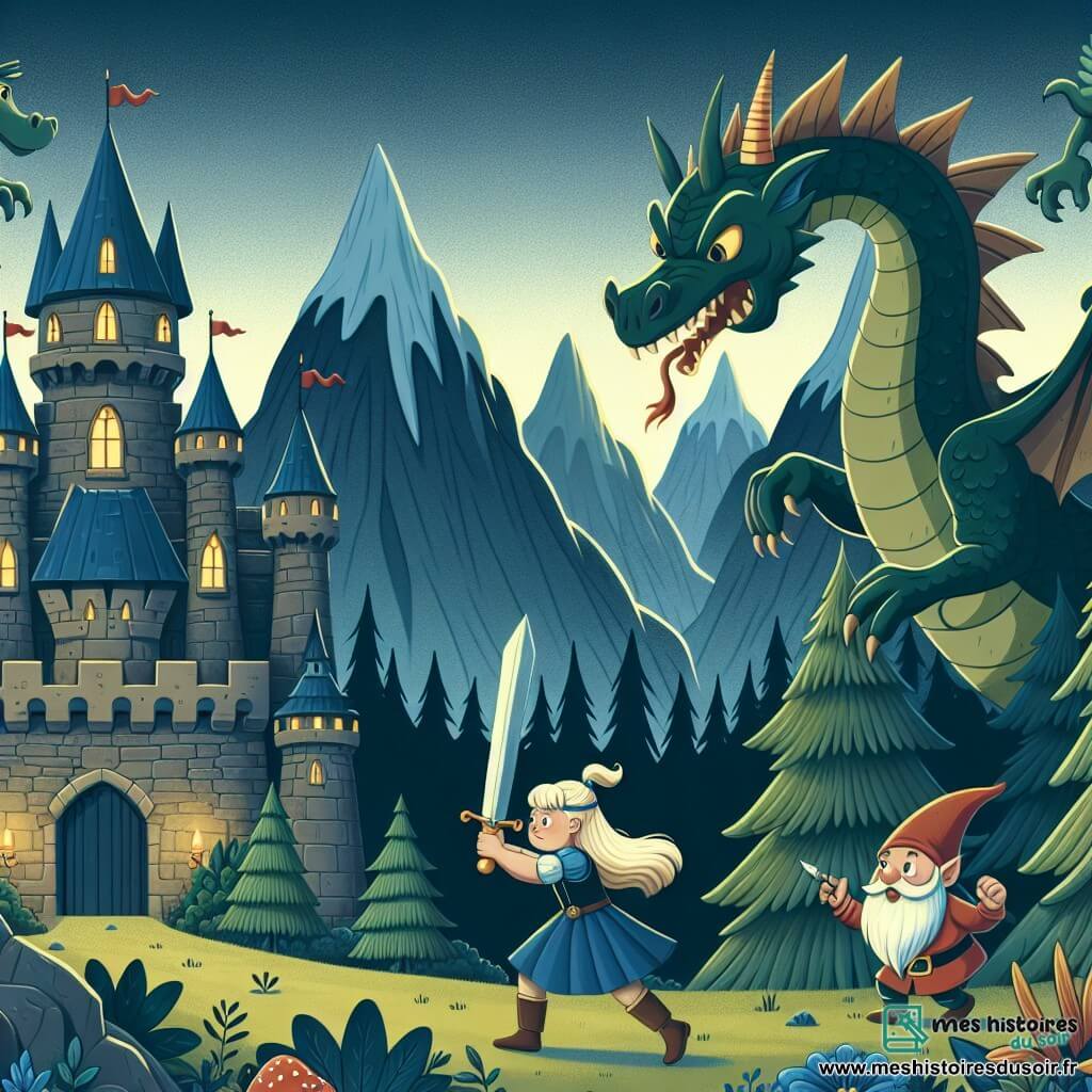Une illustration destinée aux enfants représentant une jeune chevalière courageuse affrontant un dragon terrifiant dans un château majestueux entouré de forêts sombres et de montagnes escarpées, avec l'aide d'un gnome malicieux dans une forêt enchantée où les arbres murmurent des secrets anciens.