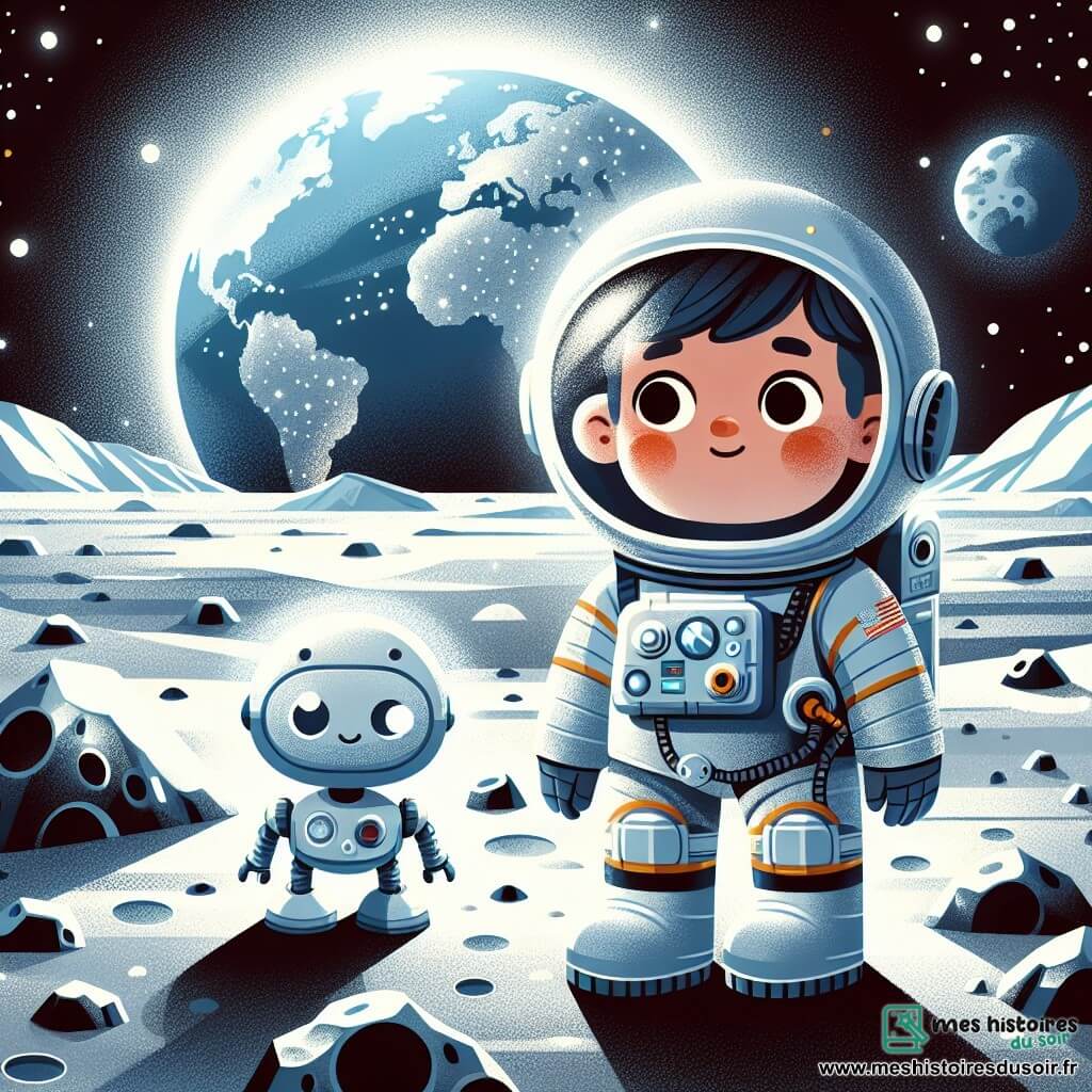 Une illustration destinée aux enfants représentant un astronaute intrépide, en combinaison spatiale, accompagné d'un petit robot, explorant un paysage lunaire parsemé de cratères et baigné d'une lumière argentée, avec la Terre majestueuse en arrière-plan.