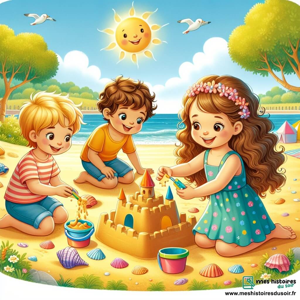 Une illustration sous forme de dessin destinée aux enfants représentant une plage de sable doré dans un parc ensoleillé, avec une petite fille de 3 ans aux cheveux bouclés et bruns, souriante, qui construit un château de sable avec des coquillages colorés, tandis qu'un petit garçon curieux aux cheveux blonds et une petite fille pleine d'idées aux cheveux châtains et lisses l'aident en ajoutant des drapeaux en papier, le tout entouré de rires et de joie, illustrant l'amitié et l'aventure d'une journée amusante.