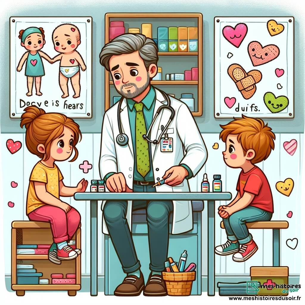 Une illustration destinée aux enfants représentant un médecin homme bienveillant aidant une fille et un garçon à surmonter leurs peurs et leurs doutes, dans un cabinet médical chaleureux décoré de pansements colorés en forme de cœur et de dessins d'enfants reconnaissants.