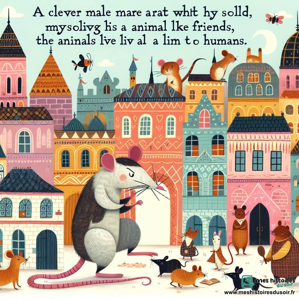 Une illustration destinée aux enfants représentant un malin rat mâle, résolvant un mystère avec ses amis animaux dans une charmante ville aux bâtiments colorés et aux rues pavées, où les animaux vivent comme des humains.