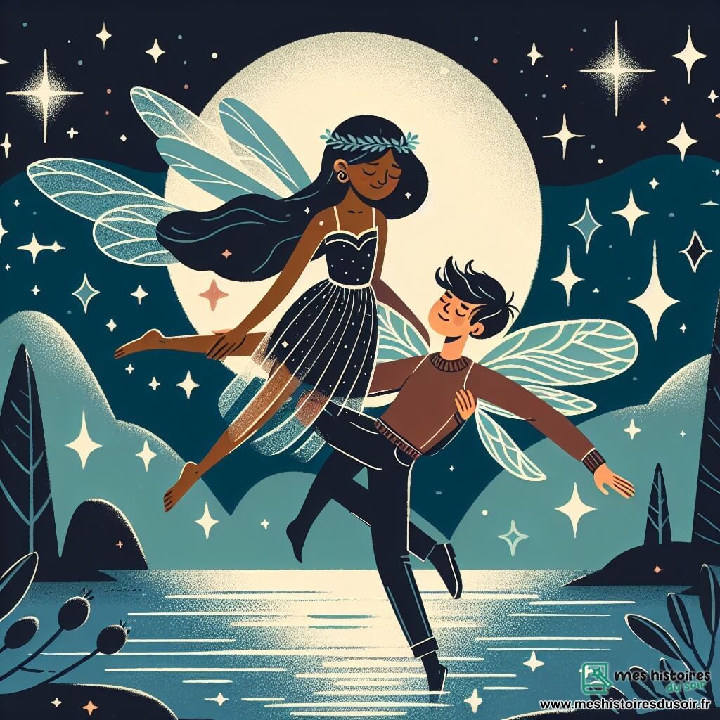 Une illustration destinée aux enfants représentant un rêveur romantique, un homme, élevé dans les airs par une fée étoilée, une fille aux ailes chatoyantes, près de la rivière scintillante sous la lueur de la lune.