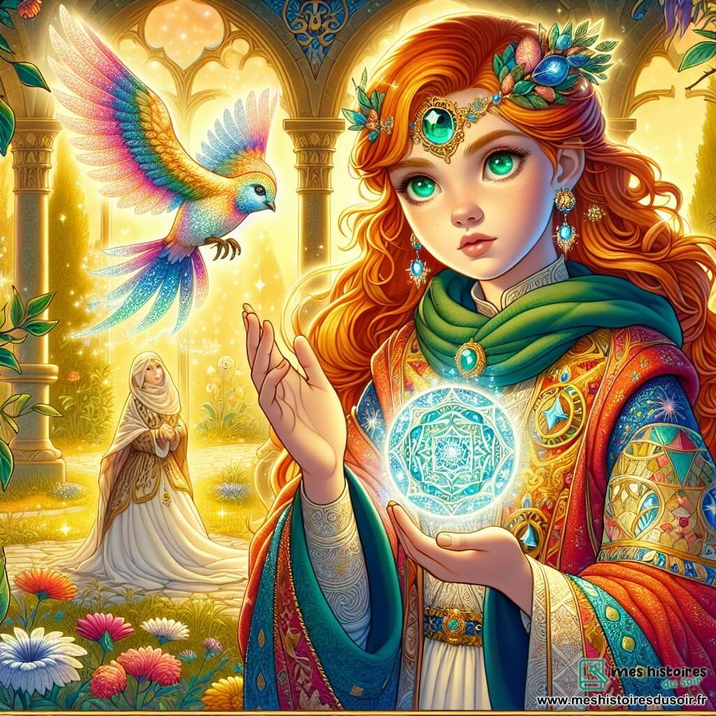 Une illustration sous forme de dessin destinée aux enfants représentant une clairière enchantée baignée de lumière dorée, où une jeune sorcière aux cheveux flamboyants et aux yeux émeraude, vêtue d'une robe colorée ornée de motifs magiques, se tient avec détermination, tenant un médaillon scintillant dans ses mains, tandis qu'un oiseau aux plumes iridescentes, flottant au-dessus d'elle, l'observe avec bienveillance, alors qu'elle se prépare à affronter une épreuve pour sauver sa mère, endormie dans un profond sommeil à proximité, entourée de fleurs éclatantes et d'une atmosphère mystique.