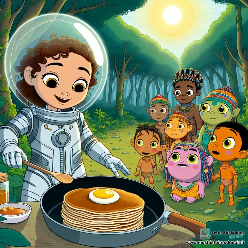 Une illustration sous forme de dessin destinée aux enfants représentant une forêt luxuriante sur la planète Zénith, où une fille de 11 ans aux cheveux bruns et bouclés, vêtue d'une combinaison spatiale argentée, prépare des crêpes sur une grande poêle, entourée de plusieurs Zénithians aux peaux colorées, avec des yeux ronds et brillants, qui l'observent avec émerveillement, tandis qu'un doux soleil éclaire la scène, symbolisant l'échange culturel joyeux entre les deux mondes.
