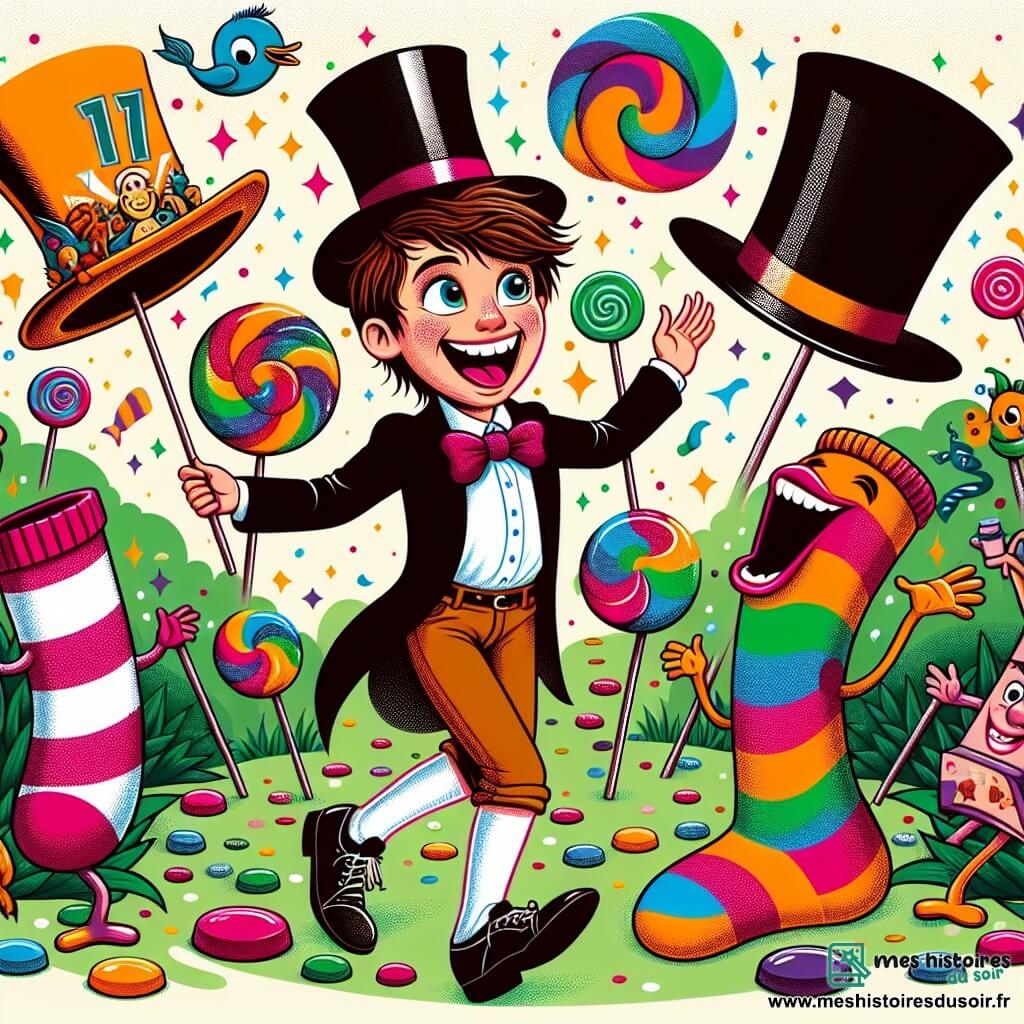 Une illustration sous forme de dessin destinée aux enfants représentant une clairière enchantée, pavée de bonbons multicolores, où un garçon de 11 ans aux cheveux châtains et aux yeux pétillants danse joyeusement au milieu d'une fête colorée, entouré de chapeaux parlants de toutes formes et couleurs, dont un élégant haut-de-forme noir qui salue le garçon, tandis qu'une chaussette rayée avec un grand sourire se joint à la danse, le tout sous une pluie de confettis en forme de poissons volants chantants, créant une atmosphère ludique et absurde.