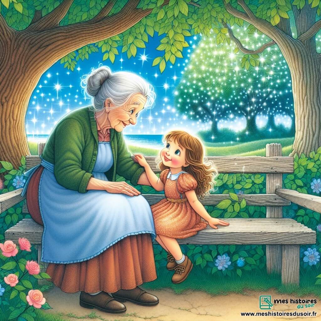 Une illustration destinée aux enfants représentant une fillette curieuse et pleine de vie, une vieille dame sage et bienveillante, partageant des moments précieux dans un parc verdoyant aux bancs de bois patinés, sous un ciel bleu azur et des arbres aux feuilles chatoyantes.