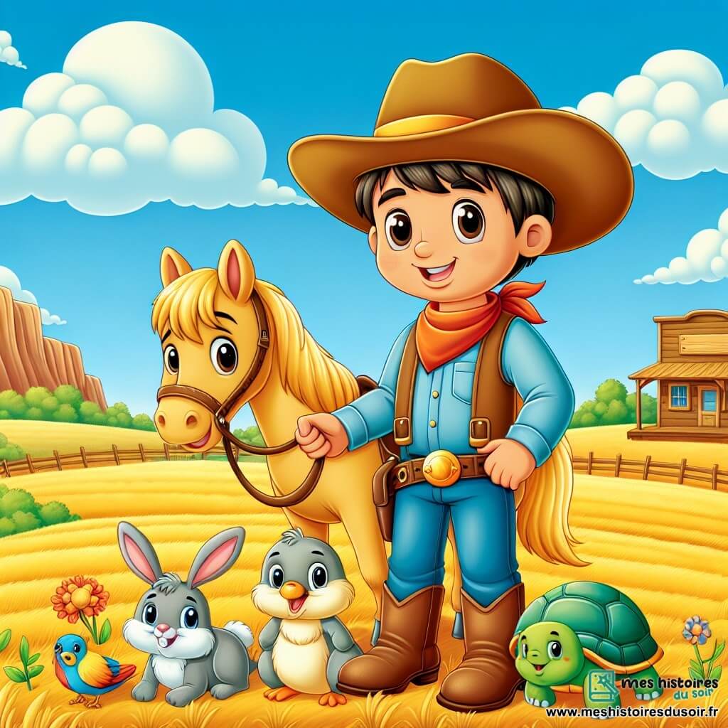Une illustration sous forme de dessin destinée aux enfants représentant un vaste paysage de prairie dorée sous un ciel bleu clair, avec un cow-boy homme grand et souriant, portant un large chapeau de cowboy et des bottes en cuir, tenant la longe de son cheval doré nommé Biscuit, tandis qu'un petit lapin gris, une tortue verte et un oiseau coloré les entourent, tous regardant avec curiosité et excitation vers un saloon en bois au loin, symbolisant l'aventure et l'amitié qui les unit dans leur quête pour trouver le chemin vers le spectacle.