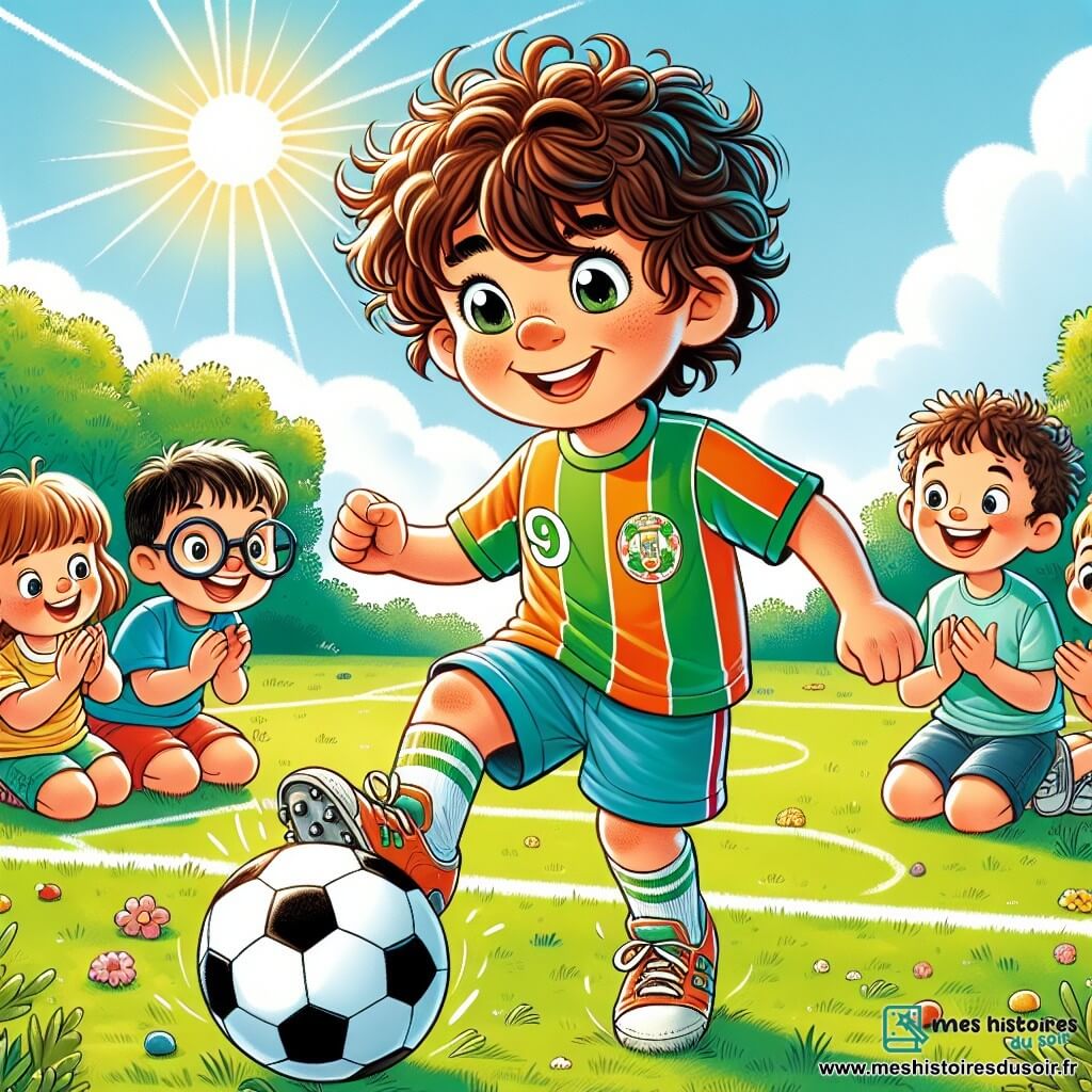 Une illustration sous forme de dessin destinée aux enfants représentant un terrain de football verdoyant ensoleillé, avec un jeune homme aux cheveux bruns et bouclés, portant un maillot coloré et des baskets usées, dribblant joyeusement un ballon de football, entouré de plusieurs enfants, dont une fille aux cheveux bouclés et une paire de lunettes, qui l'observent avec émerveillement, tandis qu'un garçon aux cheveux courts et souriants applaudit, capturant l'esprit d'amitié et de passion pour le football dans un moment de partage et d'apprentissage.