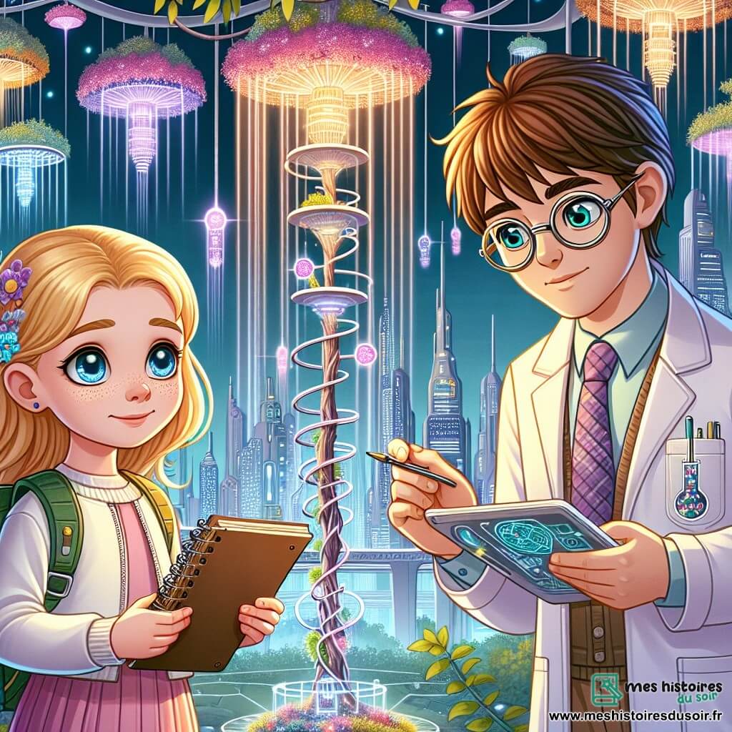 Une illustration sous forme de dessin destinée aux enfants représentant un parc futuriste de la ville de Luminis, avec des gratte-ciels scintillants en arrière-plan et des jardins suspendus colorés, où une fille de 12 ans aux cheveux blonds éclatants et aux yeux bleus, tenant un carnet de croquis, observe attentivement un arbre interactif qui ne fonctionne plus, tandis qu'à ses côtés, une scientifique en blouse blanche, aux cheveux bruns et aux lunettes rondes, examine une puce mystérieuse, tous deux déterminés à résoudre le mystère de l'arbre lumineux qui a cessé de briller, symbolisant l'importance de la technologie et de la nature dans leur ville.