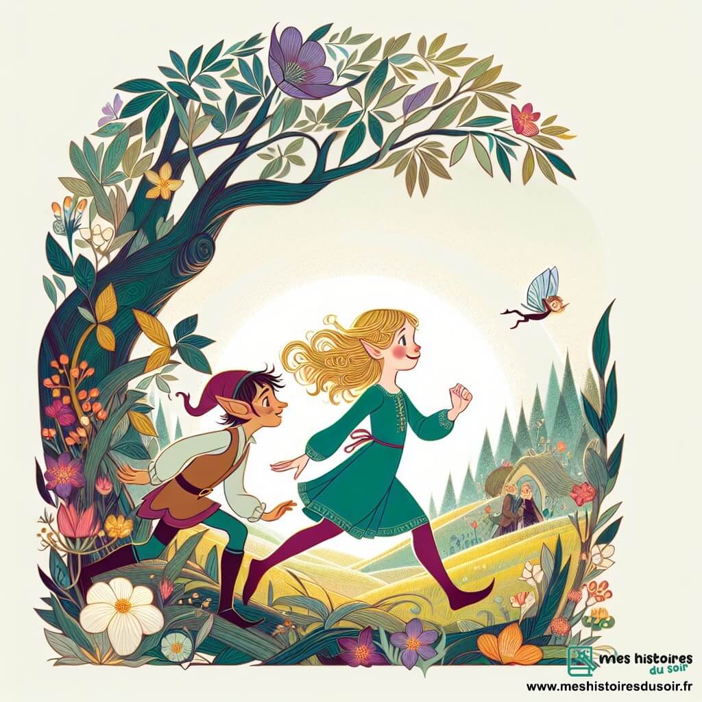 Une illustration destinée aux enfants représentant une jeune fille intrépide se lançant dans une quête magique avec son compagnon, un lutin espiègle, à travers un monde enchanté où les arbres chantent et les fleurs parlent.