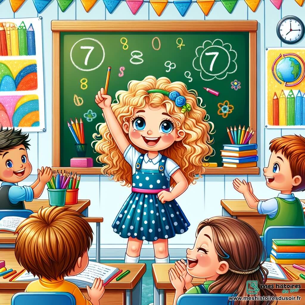 Une illustration sous forme de dessin destinée aux enfants représentant une salle de classe lumineuse, avec des murs décorés de dessins colorés et un tableau noir, où une petite fille de 7 ans aux cheveux bouclés et dorés, portant une robe bleue à pois blancs, sourit joyeusement tout en levant la main pour répondre à une question, entourée de ses camarades : un garçon aux cheveux bruns qui l'encourage avec un sourire, et une fille aux cheveux châtains qui applaudit, tandis qu'une pile de livres colorés et des crayons de couleur sont éparpillés sur les bureaux, capturant l'excitation et l'amitié d'une nouvelle rentrée scolaire.