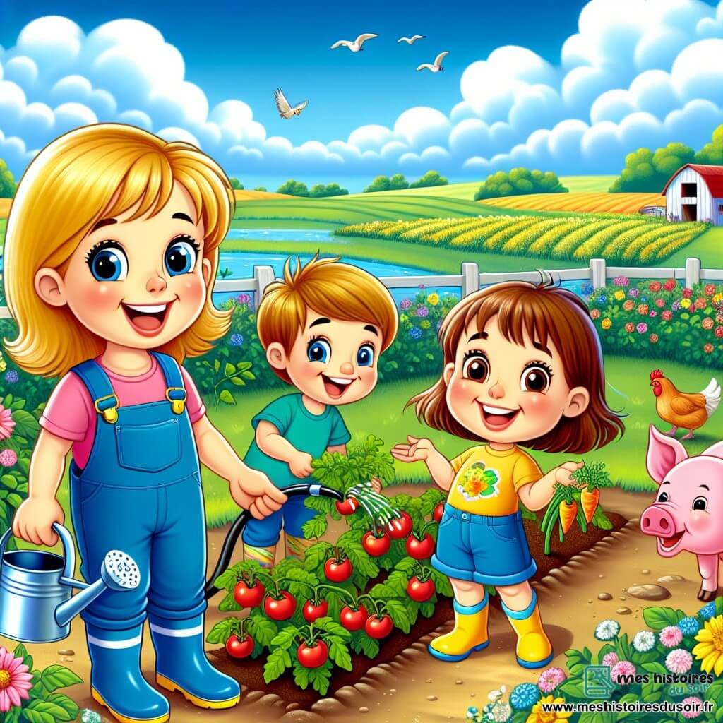Illustration destinée aux enfants représentant une ferme pittoresque, avec des champs verdoyants s'étendant à perte de vue, des fleurs colorées dans les parterres et un ciel bleu éclatant parsemé de nuages blancs duveteux. Au centre, une femme joyeuse avec des cheveux dorés, portant une salopette bleue et des bottes en caoutchouc, arrose des plants de tomates, un large sourire illuminant son visage. À ses côtés, deux enfants, un garçon aux cheveux bruns et une fille aux cheveux châtains, tous deux vêtus de t-shirts colorés, s'enthousiasment en découvrant une carotte fraîchement cueillie. En arrière-plan, un cochon rose curieux s'aventure hors de son enclos, ajoutant une touche de malice à la scène, tandis que des poules picorent joyeusement le sol.