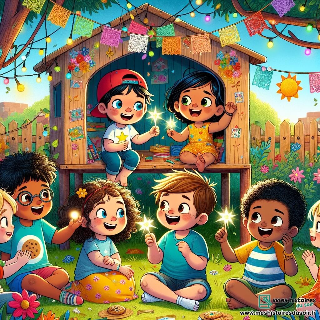 Illustration d'un groupe d'enfants dans une cabane en bois colorée, entourée de verdure et de fleurs. À l'intérieur, un garçon de six ans en t-shirt bleu et casquette rouge sourit en tenant des étoiles phosphorescentes. À ses côtés, un autre garçon aux lunettes rondes et cheveux bruns fait des gestes amusants, tandis qu'un plus grand garçon aux cheveux blonds rit aux éclats, les bras levés. Une fille aux cheveux bouclés en robe jaune les regarde avec des yeux pétillants, prête à partager des biscuits. La scène montre les enfants partageant un moment de bonheur et d'amitié, entourés de guirlandes de papier coloré et de dessins accrochés aux murs. À l'extérieur, le soleil brille dans un ciel bleu, et des oiseaux chantent dans les arbres, créant une atmosphère joyeuse et magique, capturant l'essence de l'amitié et des souvenirs d'été.