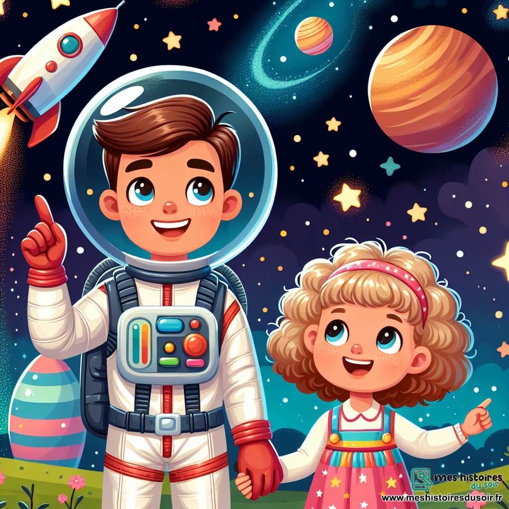 Une illustration sous forme de dessin destinée aux enfants représentant un vaste ciel étoilé, avec une fusée colorée en arrière-plan, au premier plan un astronaute homme aux cheveux bruns et à la combinaison spatiale brillante, souriant et pointant vers les étoiles, tandis qu'à ses côtés, une petite fille aux cheveux blonds et bouclés, portant une robe colorée, lève les yeux avec émerveillement, tous deux rêvant d'aventures sur Mars, entourés de planètes et d'étoiles scintillantes.