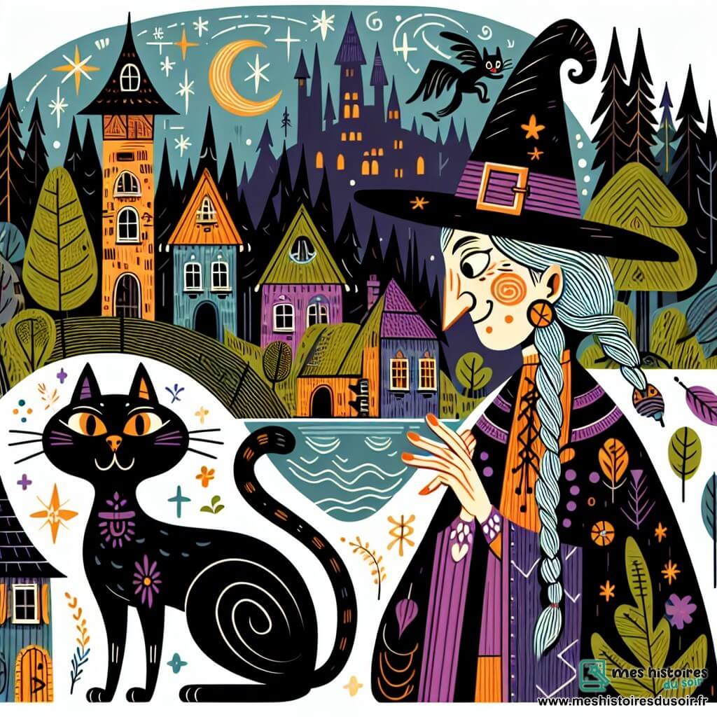 Une illustration destinée aux enfants représentant une sorcière excentrique, un chat noir et un village coloré au cœur d'une forêt enchantée, où se déroulent des aventures magiques et amusantes.