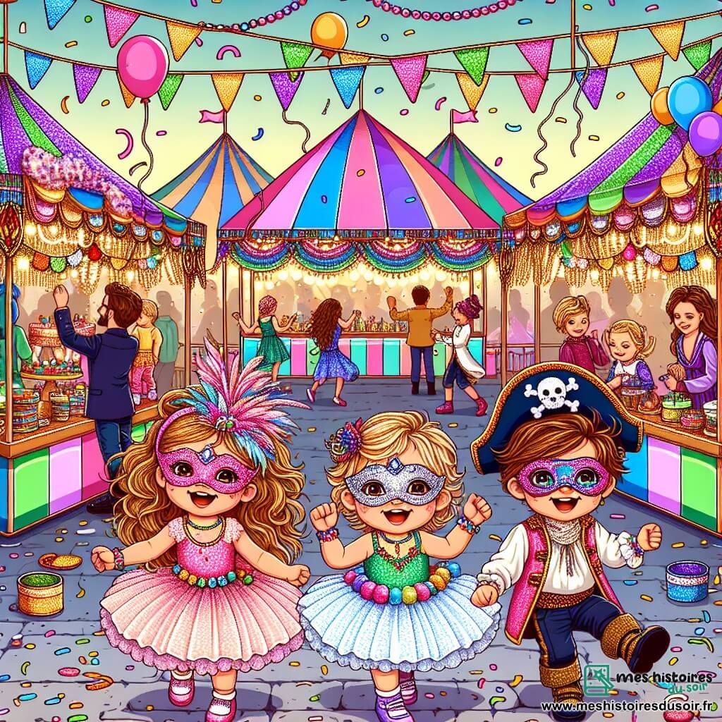 Illustration destinée aux enfants représentant une scène vibrante d'un carnaval en plein air, avec des stands colorés décorés de guirlandes scintillantes et des confettis flottant dans l'air. Au premier plan, un groupe d'enfants de 1 an, deux filles et un garçon, portant des masques à paillettes brillants, sautent de joie sur un sol pavé enjoué, leurs visages illuminés par des sourires radieux. La première fille a de longs cheveux bouclés et un tutu rose, tandis que la seconde fille a des cheveux blonds et une robe à pois colorés. Le garçon, avec des cheveux bruns en bataille, porte un costume de pirate avec un bandeau. En arrière-plan, des adultes dansent et jouent de la musique, créant une atmosphère festive, tandis que des ballons multicolores flottent au-dessus de la scène, ajoutant à la magie du carnaval.