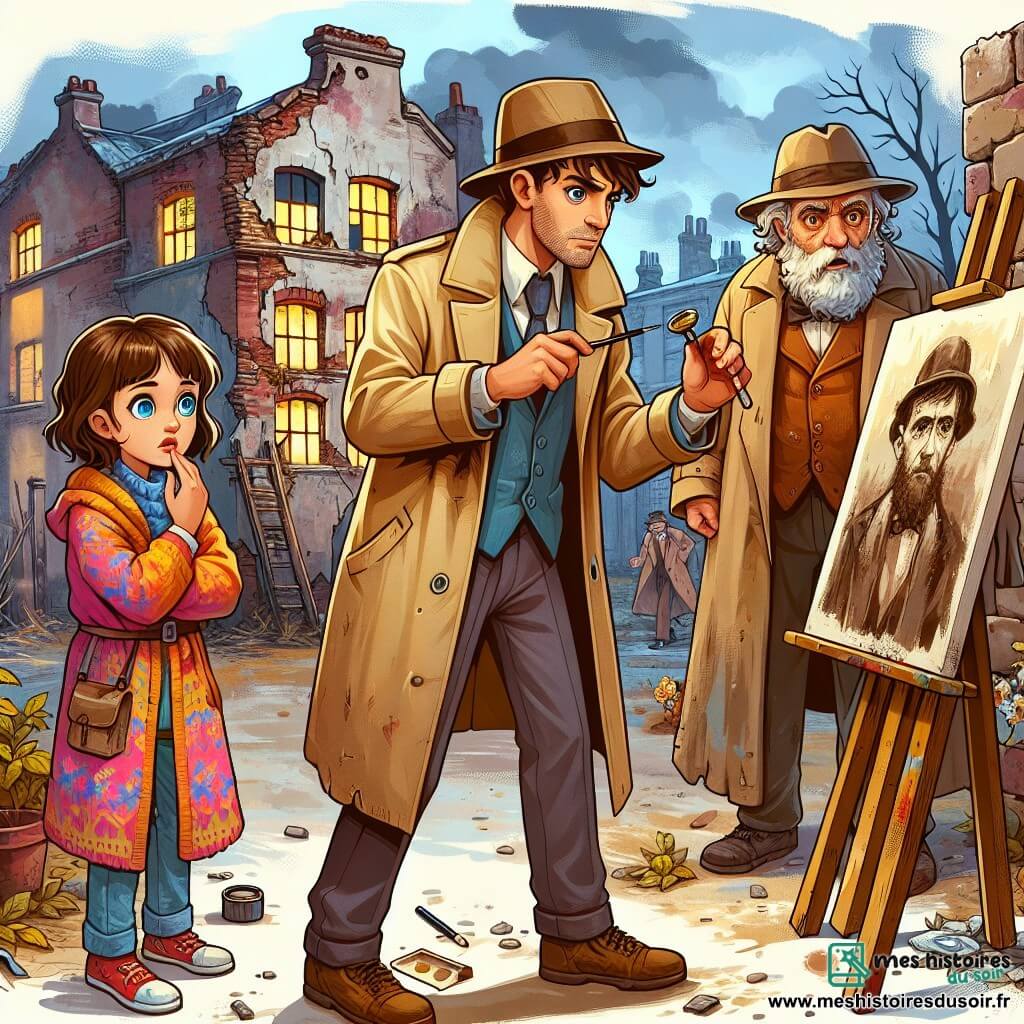 Une illustration sous forme de dessin destinée aux enfants représentant un vieux bâtiment abandonné, aux murs décrépis et aux fenêtres brisées, où un homme au visage déterminé, portant un trench-coat beige et un chapeau de détective, examine une toile mystérieuse sur un chevalet, tandis qu'une jeune fille aux cheveux bruns et aux yeux pétillants, vêtue d'un manteau coloré, observe avec inquiétude, alors qu'un homme âgé à la barbe poivre et sel, habillé de manière usée, se tient à l'écart, l'air préoccupé, tous trois plongés dans une atmosphère de mystère et d'aventure, cherchant à résoudre la disparition d'un artiste.