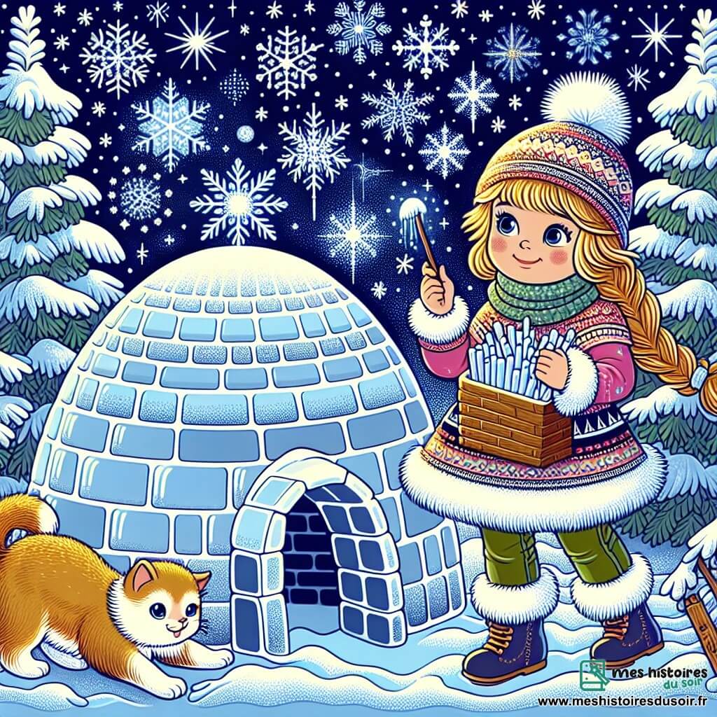Une illustration destinée aux enfants représentant une jeune fille pleine de vie, construisant un igloo magique avec l'aide de son chat, dans un jardin enneigé parsemé de grands sapins aux branches courbées sous le poids de la neige scintillante.