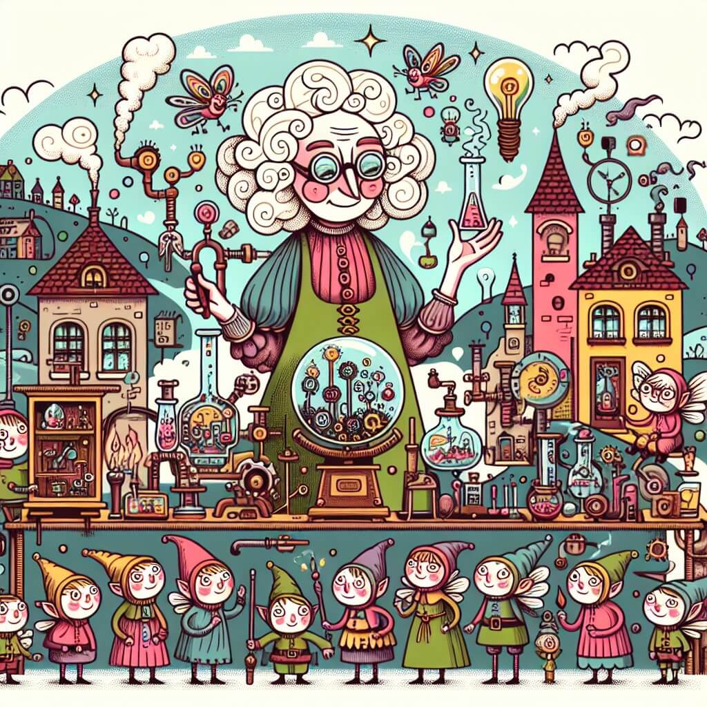 Une illustration destinée aux enfants représentant une femme excentrique et pleine de fantaisie, entourée de ses inventions farfelues, accompagnée d'un groupe de lutins farceurs, dans un laboratoire coloré rempli d'objets étranges et de machines fumantes, situé au cœur d'une petite ville paisible.