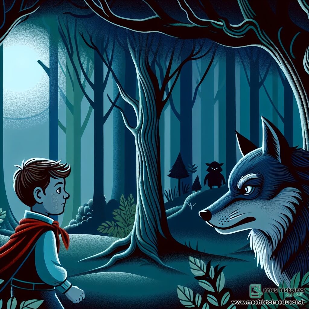 Une illustration destinée aux enfants représentant un jeune garçon rusé confronté au grand méchant loup dans une forêt sombre et mystérieuse, où les arbres semblent murmurer des secrets anciens.