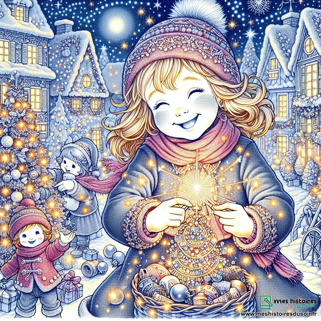 Une illustration destinée aux enfants représentant une fillette pétillante de vie, préparant avec sa famille une décoration éblouissante pour le sapin de Noël, accompagnée de son frère et entourée de maisons illuminées et de rues festives de la petite ville de Vervetown.