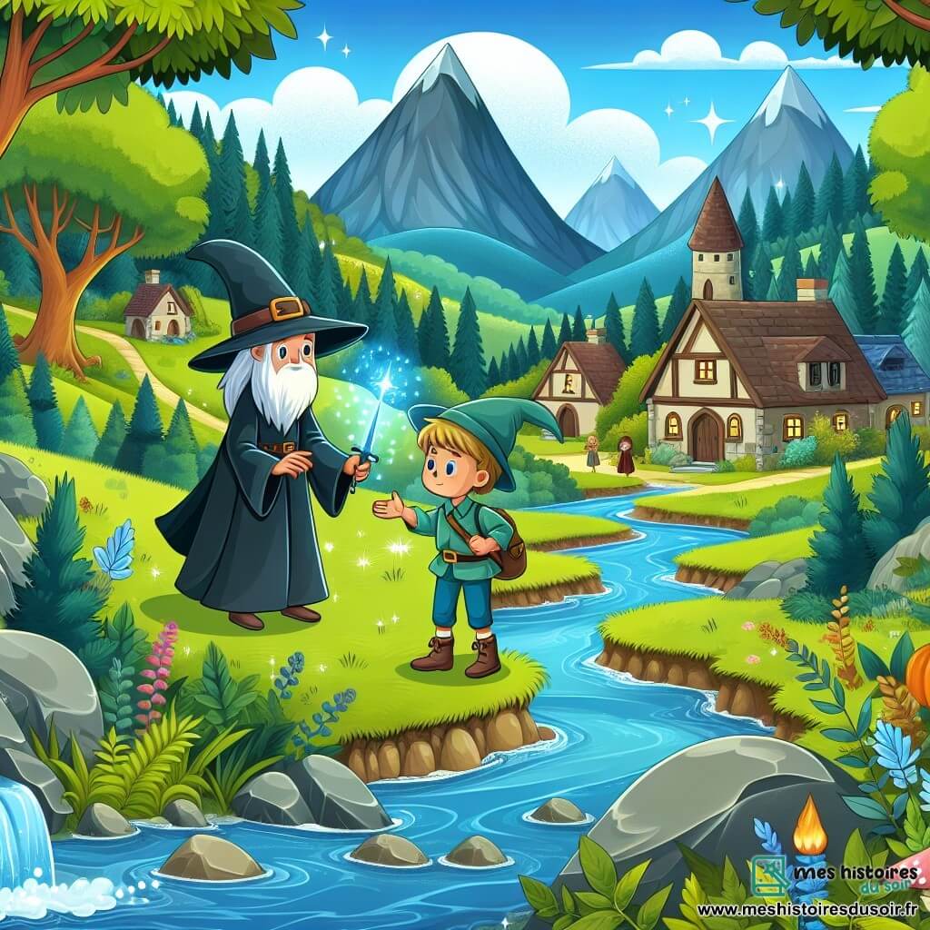 Une illustration destinée aux enfants représentant un jeune apprenti sorcier courageux affrontant des épreuves magiques, accompagné d'une sorcière bienveillante, dans un petit village reculé entouré de montagnes verdoyantes et de rivières scintillantes.