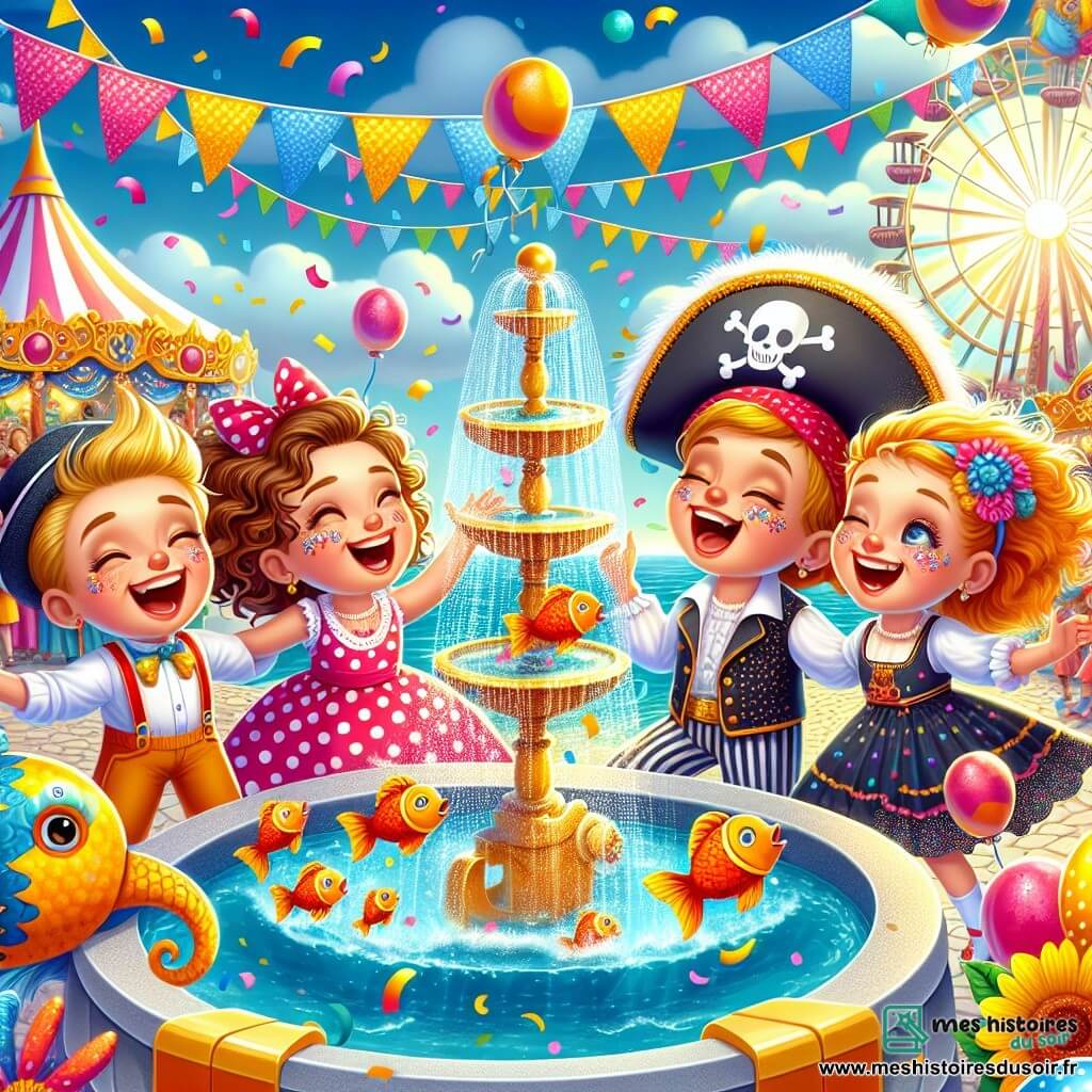 Une illustration sous forme de dessin destinée aux enfants représentant un carnaval coloré sur l'île de Célestia, avec un groupe de quatre enfants de 9 ans, deux filles aux cheveux bouclés et une robe à pois, et deux garçons, l'un avec un bandeau de pirate et l'autre en costume de clown, tous riant et dansant joyeusement autour d'une grande fontaine aux poissons, sous un ciel ensoleillé rempli de guirlandes lumineuses et de fleurs géantes, alors qu'ils cherchent un trésor caché, entourés de confettis et de rires d'autres enfants en costumes flamboyants.