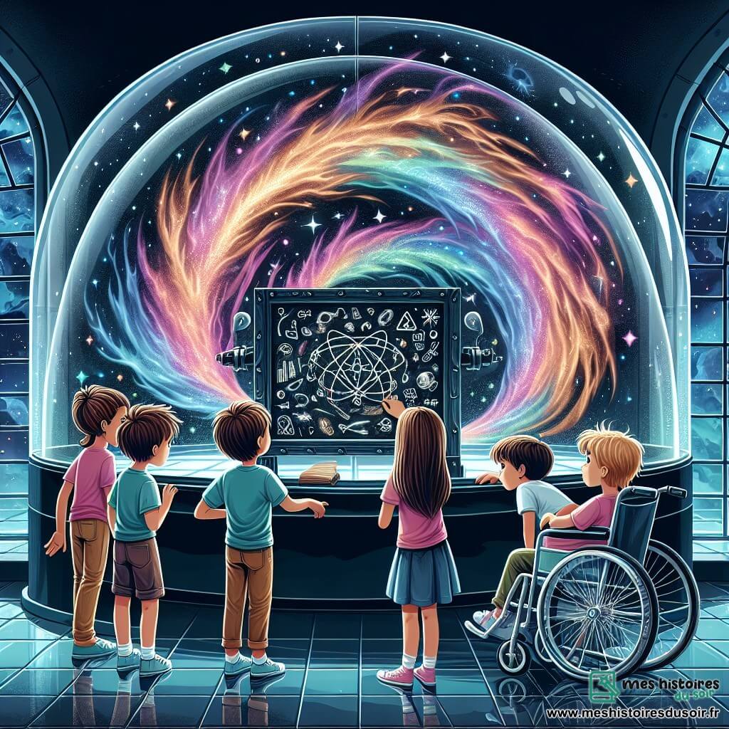 Une illustration sous forme de dessin destinée aux enfants représentant l'intérieur de la Station Étoilée, un laboratoire futuriste aux murs translucides illuminés par des nébuleuses colorées, où un groupe de quatre enfants de 11 ans, deux garçons aux cheveux châtains en désordre et un garçon en fauteuil roulant, ainsi qu'une fille aux cheveux longs et brillants, se penchent avec curiosité sur un ancien tableau noir couvert de symboles mystérieux, tandis qu'un portail tourbillonnant de couleurs vives s'ouvre derrière eux, symbolisant leur découverte d'un monde magique et scientifique à explorer.