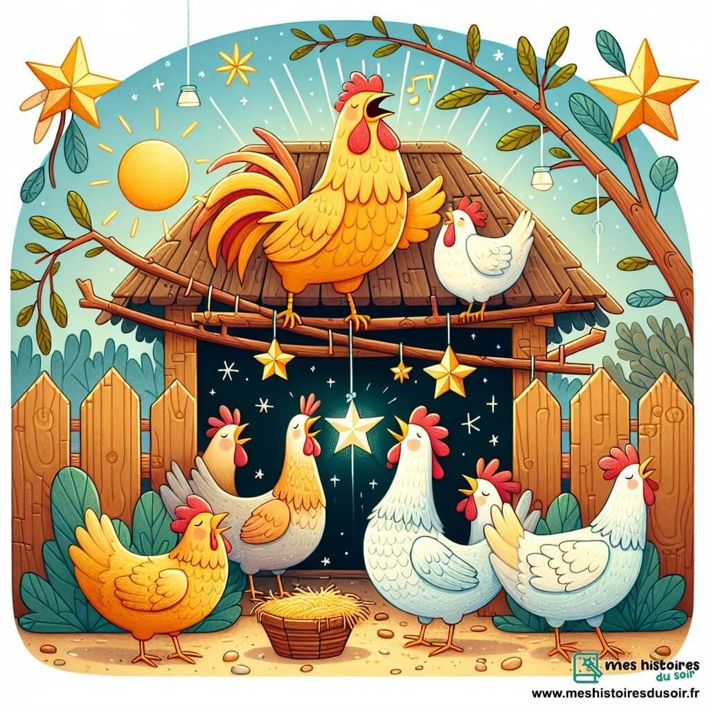 Une illustration sous forme de dessin destinée aux enfants représentant un joli poulailler ensoleillé, avec un coq aux plumes dorées chantant joyeusement sur une branche, entouré de poules aux plumes blanches et brunes qui l'écoutent avec admiration, tandis qu'une petite étoile en papier scintille accrochée à une branche, symbolisant l'espoir et l'amitié, le tout dans une ambiance colorée et chaleureuse, évoquant le courage et l'entraide.
