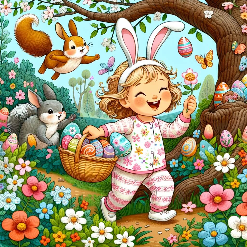 Une illustration destinée aux enfants représentant une joyeuse petite fille en pyjama lapin, partant à la chasse aux œufs dans un jardin fleuri où les lapins gambadent et les fleurs éclatent de couleurs, accompagnée de son cousin et guidée par un écureuil farceur et un poisson volant, à la recherche d'un trésor chocolaté caché sous l'ombre d'un majestueux chêne centenaire.