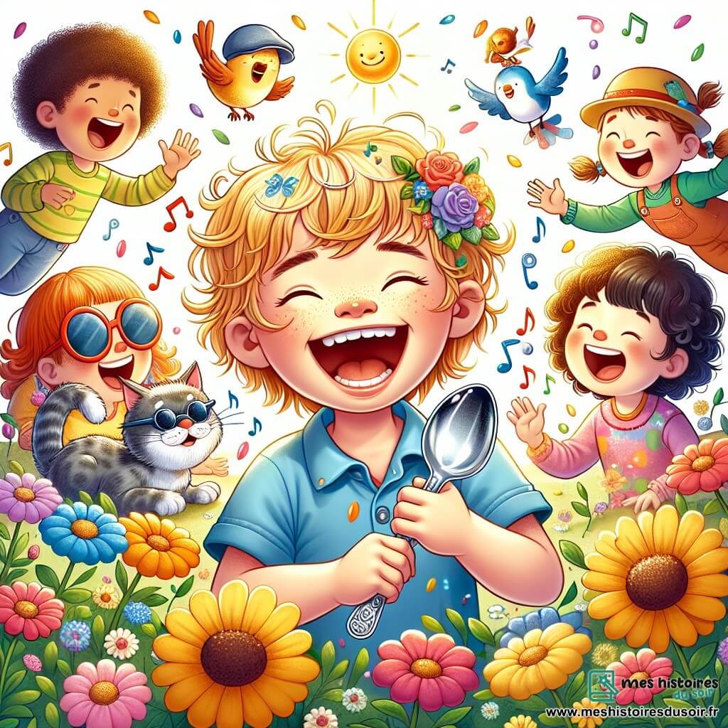 Une illustration sous forme de dessin destinée aux enfants représentant un jardin ensoleillé rempli de fleurs colorées et d'oiseaux chantants, où un garçon de 7 ans aux cheveux ébouriffés et aux yeux pétillants rit aux éclats en tenant une cuillère en argent brillante, tandis qu'un chat curieux flottant dans les airs avec des lunettes de soleil et un groupe d'enfants joyeux, dont une fille aux cheveux bouclés et un garçon avec un chapeau rigolo, s'amusent autour de lui, créant des bulles de rire qui éclatent en confettis colorés, illustrant une scène magique et loufoque de joie et d'amitié.