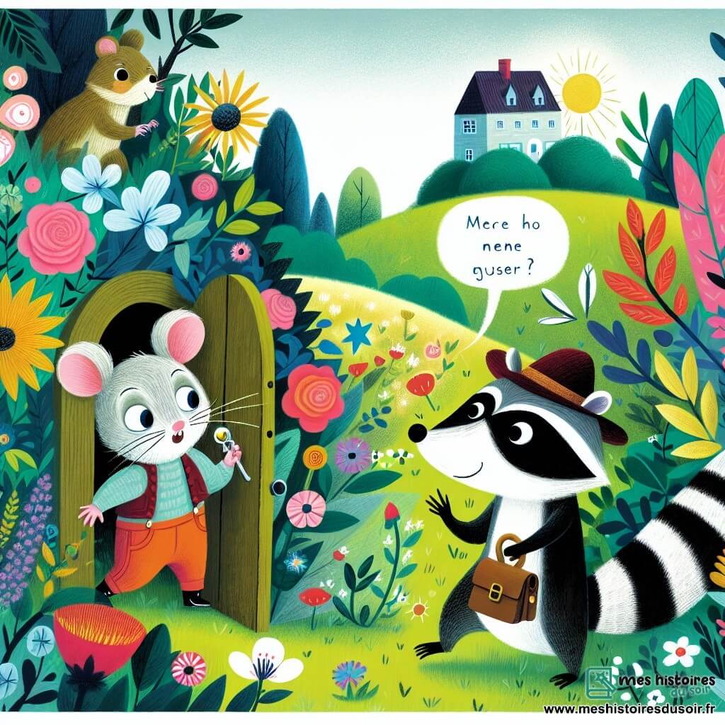 Une illustration destinée aux enfants représentant une petite souris malicieuse découvrant un mystère avec son ami raton laveur, dans un jardin fleuri et coloré de la campagne.