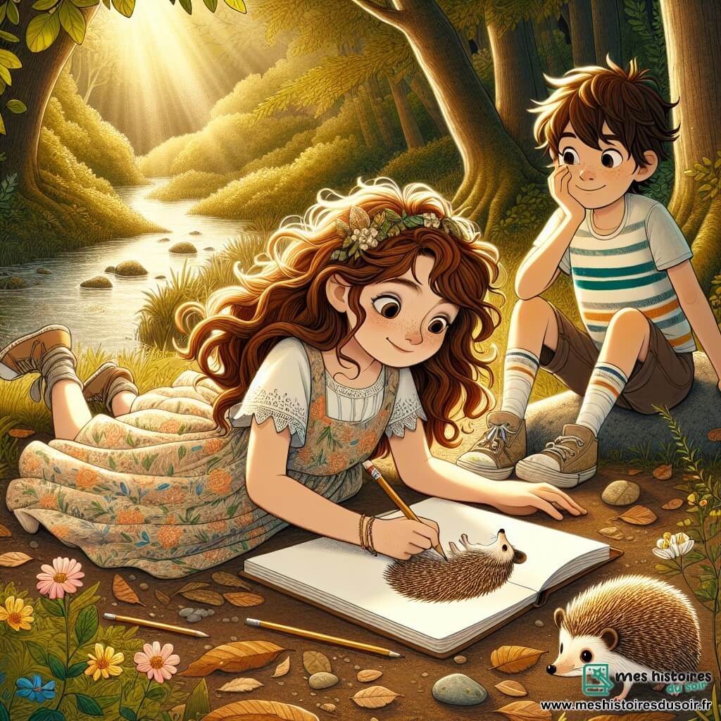 Illustration d'un coin tranquille de la forêt de Verdois, illuminé par la lumière dorée du soleil passant à travers les feuilles. Le sol est couvert de feuilles mortes et de petites fleurs colorées, et un ruisseau scintille à proximité, créant une ambiance paisible. Au centre, une fille de 11 ans, aux cheveux châtains bouclés, est assise sur une pierre plate, portant une robe légère à motifs floraux et tenant un carnet de croquis, un crayon à la main. Son visage montre concentration et joie alors qu'elle dessine un hérisson curieux. À côté, un garçon d'environ 12 ans, aux cheveux bruns et yeux pétillants, l'observe avec admiration, souriant. La scène montre la fille en train de dessiner dans la beauté de la nature, avec le soutien de son ami, tandis que des oiseaux chantent et des papillons volent autour d'eux, ajoutant de la magie à ce moment créatif.