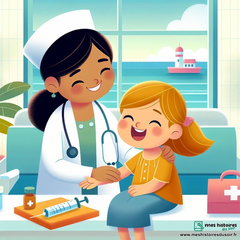 Une illustration destinée aux enfants représentant une jeune fille au sourire chaleureux soignant une petite fille joyeuse dans un hôpital lumineux au bord de la mer.