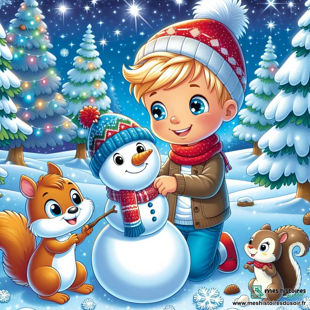 Une illustration sous forme de dessin destinée aux enfants représentant un parc enneigé, avec des arbres couverts de neige scintillante, où un garçon de 5 ans aux cheveux blonds et aux yeux pétillants construit un bonhomme de neige joyeux, en lui mettant un chapeau rouge et une écharpe bleue, tandis qu'un petit écureuil aux yeux vifs et à la queue touffue l'observe avec curiosité, le tout sous un ciel étoilé et magique, illustrant l'esprit de Noël et l'amitié.