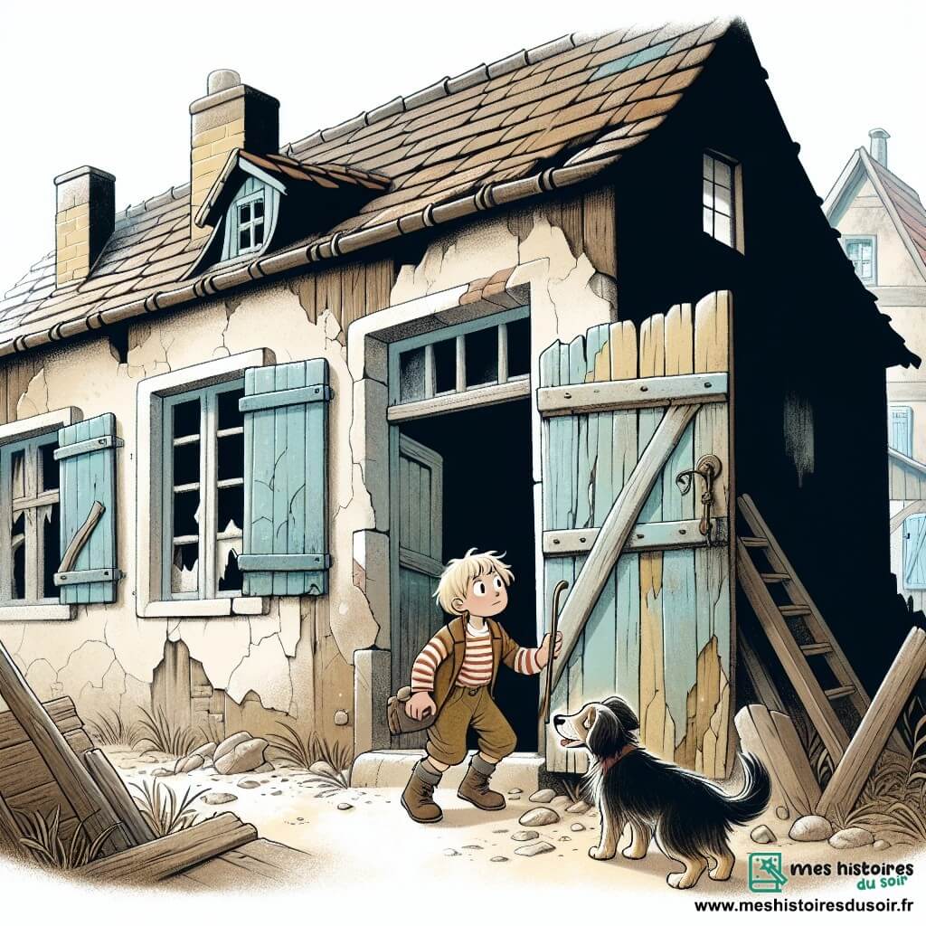 Une illustration destinée aux enfants représentant un jeune garçon curieux et aventurier, accompagné de son fidèle chien, explorant une mystérieuse maison abandonnée aux volets décrépis et à la porte couverte de poussière, dans une petite ville tranquille appelée Châtelain.